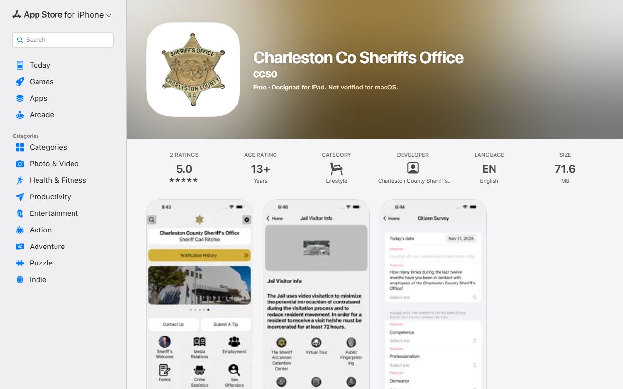 Charleston County court dockets Sheriff iOS app listing