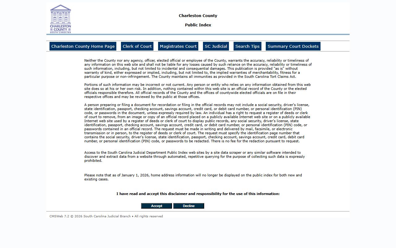 Charleston County court records Public Index search portal