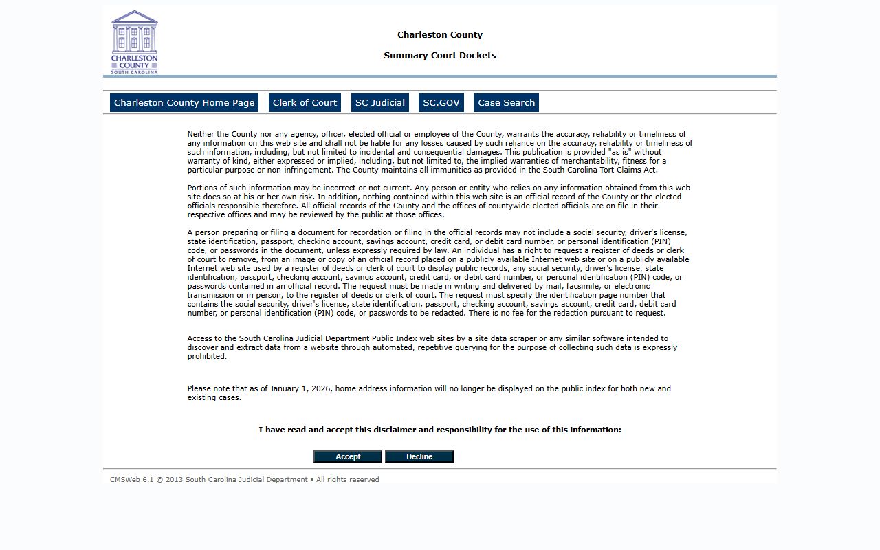 Charleston County court records Summary Court Dockets portal