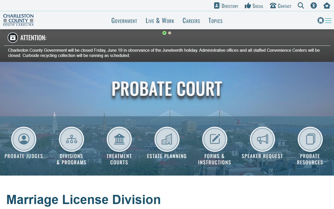 Charleston County marriage records Probate Court license division