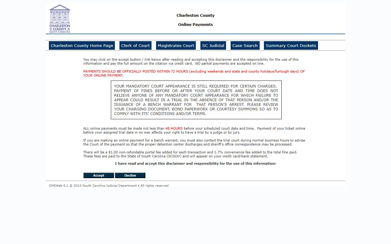 Charleston County traffic court records online payments portal